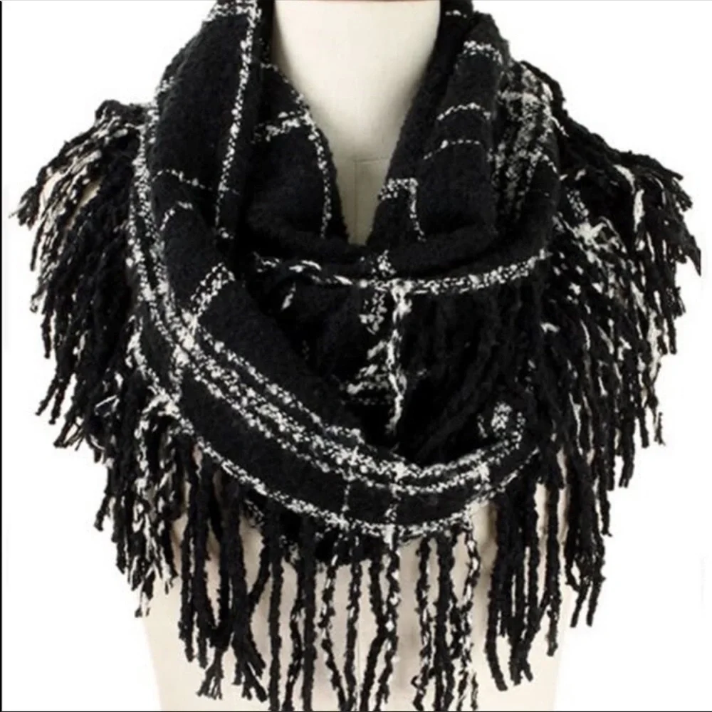 Black & white plaid flannel fringe infinity scarf